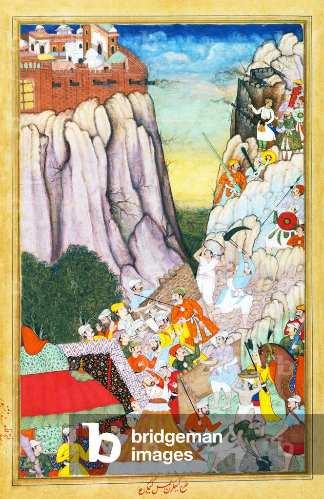 India: Akbar directing the attack against Rao Surjan Hada at Ranthambore Fort, 1568. Miniature from a copy of the Akbarnama, painted by Bhurah c. 1590-1595