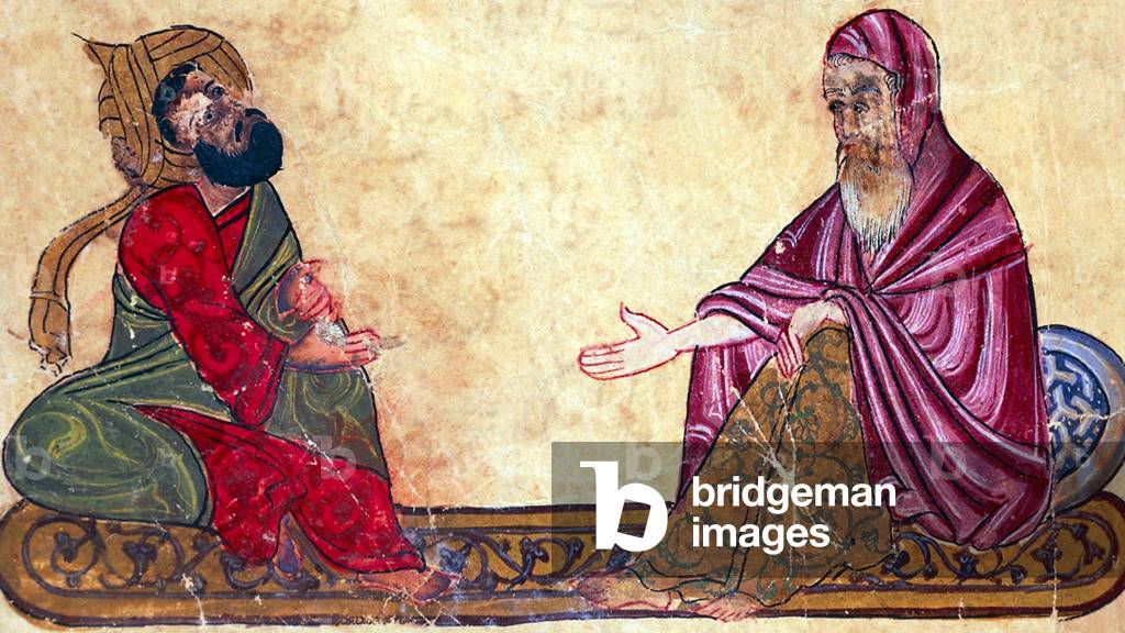 Turkey / Arabia: Two philosophers debating (to the right, possibly, Abu Yusuf al Kindi), 'The best rulings and the most precious sayings of Al-Mubashshir', 13th century (manuscript)
