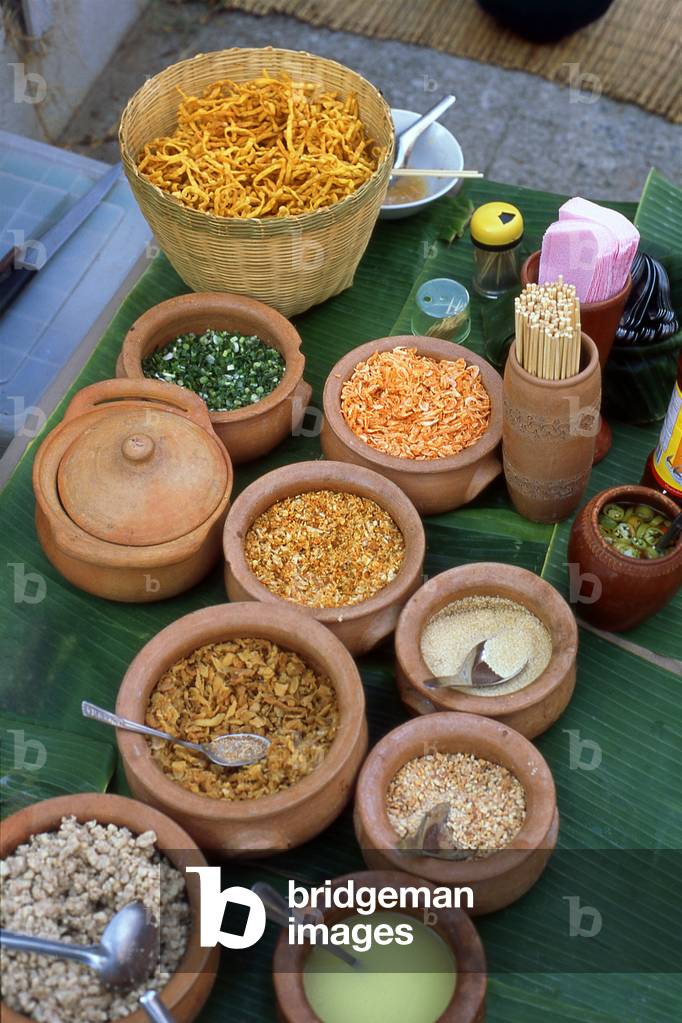 Thailand: Ingredients used to make khao soy (Burmese / Northern Thai noodles) at a street stall, Chiang Mai, northern Thailand