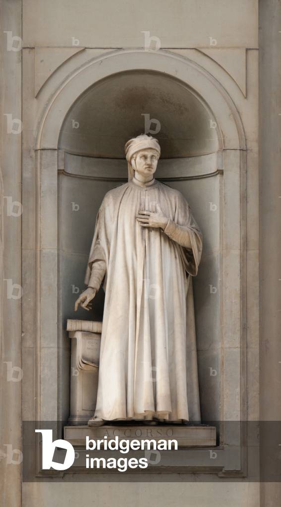 Italy: Mariangelo Accorso, Italian writer and critic. 19th century statue outside the Uffizi Gallery, Florence, Italy. Sculpted by Odoardo Fantacchiotti (2016)