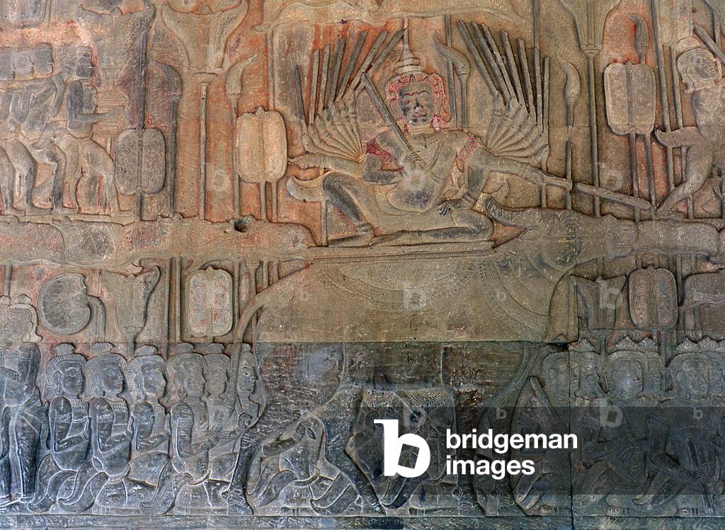 Cambodia: Yama (eighteen-armed ruler of Hell) rides a buffalo, Hindu Heaven and Hell bas-reliefs in the  South gallery, bas-relief, Angkor Wat