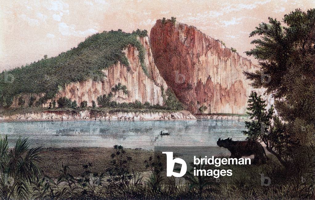 Laos: A panoramic view of the mouth of the Ou River in Upper Laos, illustrated in 1867 by French expeditioner Louis Delaporte.