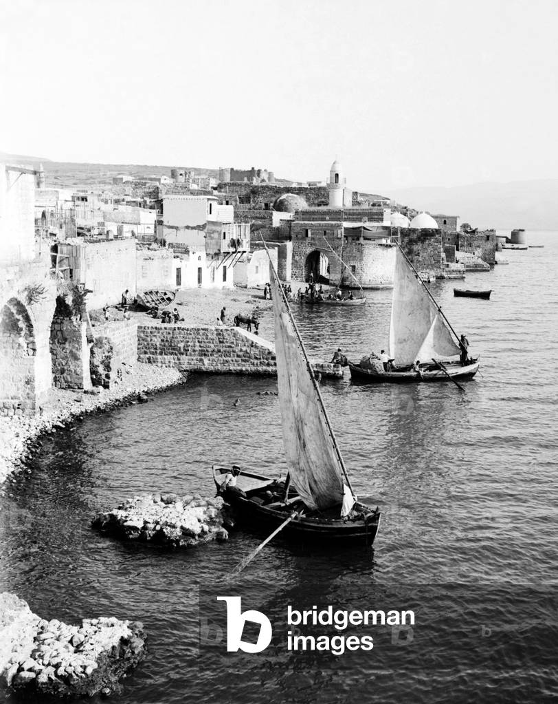 Palestine: Tiberias and Palestinian fishing boats by the shore of Lake Tiberias from the Greek Convent, c. 1910
