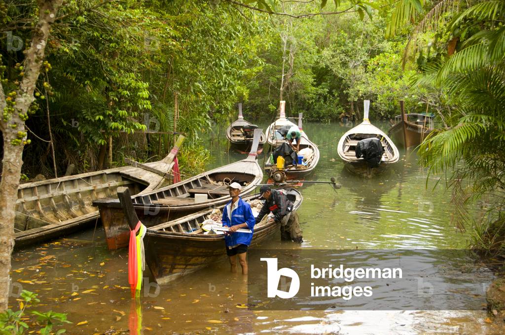 Thailand: Boats on the river at Tha Pom swamp and forest, Krabi Coast
