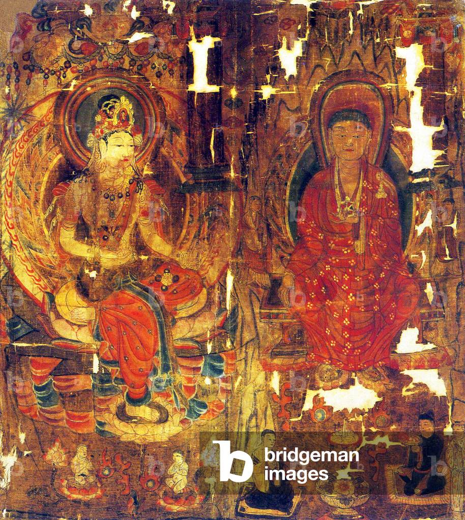 China: Guanyin 'Goddess of Mercy' and a bodhisattva with monks and worshippers, painting on silk, Mogao Caves, Dunhuang, Five Dynasties period (907-960 CE)