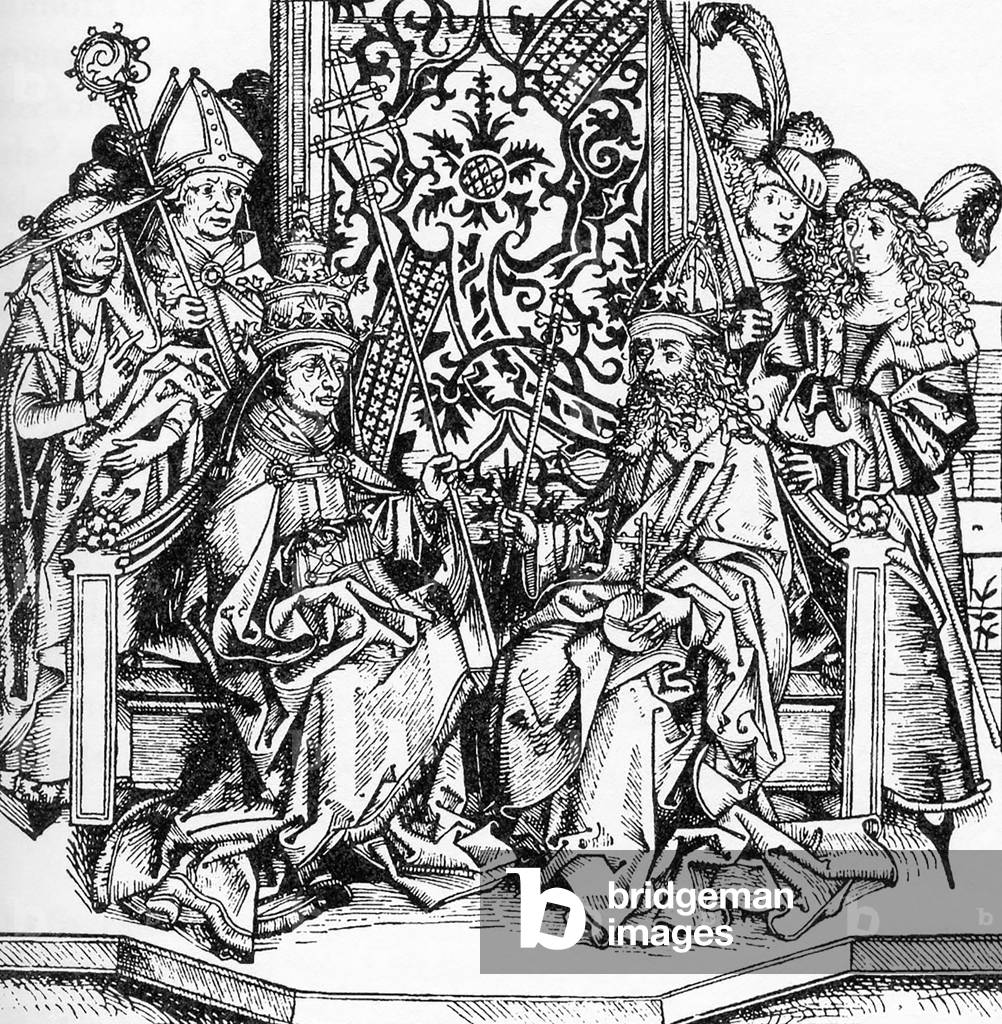 Germany: Frederick III (1415-1493), 28th Holy Roman emperor, and Pope Pius II (1405-1464), from the Schedel World Chronology by Hartmann Schedel (1440-1514), 1493, Austrian National Library, Vienna