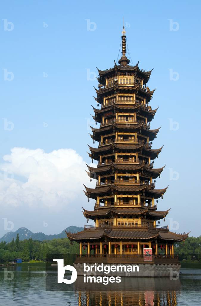 China: One of the Riming Shuang Ta Pagodas on Shan Lu (Fir Lake) in the centre of Guilin, Guangxi Province