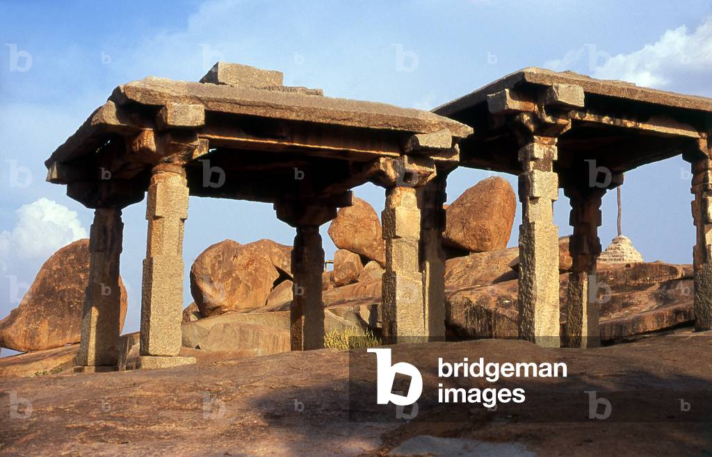India: Early Jain temple ruins on Hemakuta Hill overlooking the Virupaksha Temple and the bazaar, Hampi, Karnataka State