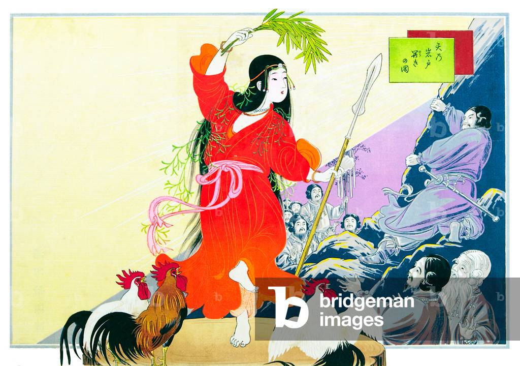 Japan: <i>Hikifuda</i> advertising poster depicting a Japanese female deity. It has been left blank so that the printer can add the text required by the purchaser in the column on the left hand side. Late Meiji (1868-1912)