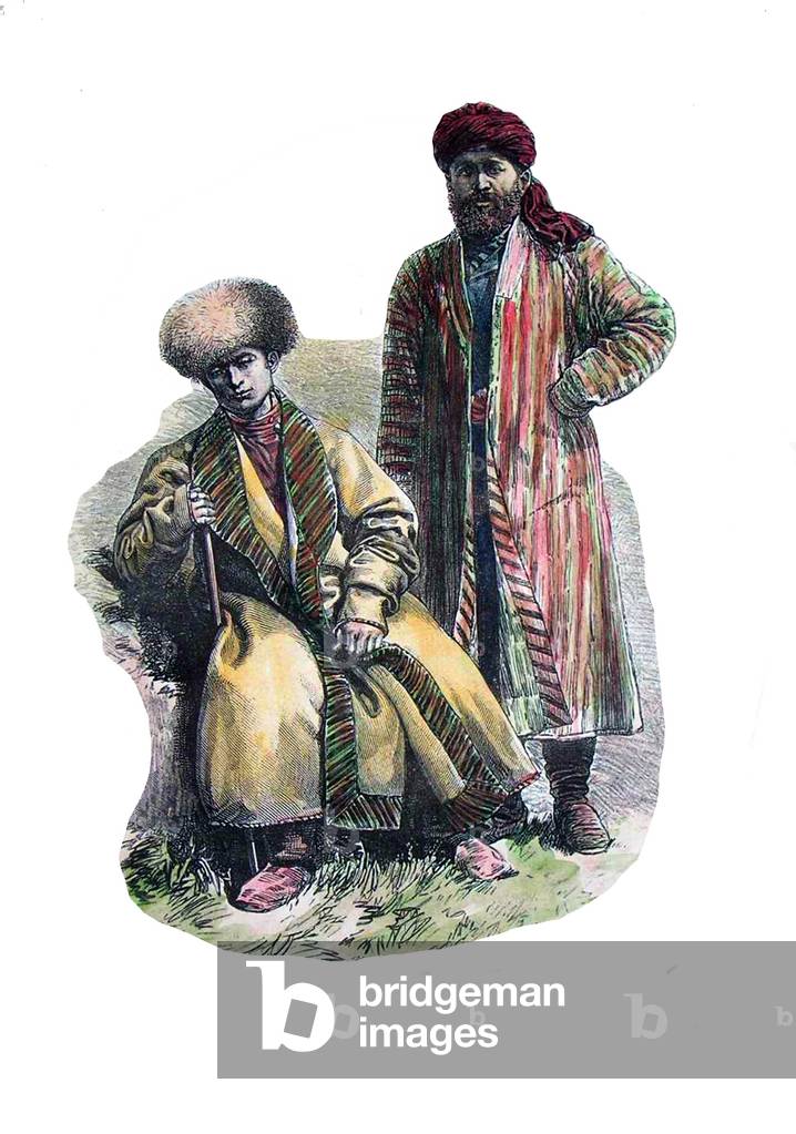 Uzbekistan: Tajiks of Bukhara. Engraving by Pranishnikov, late 19th century