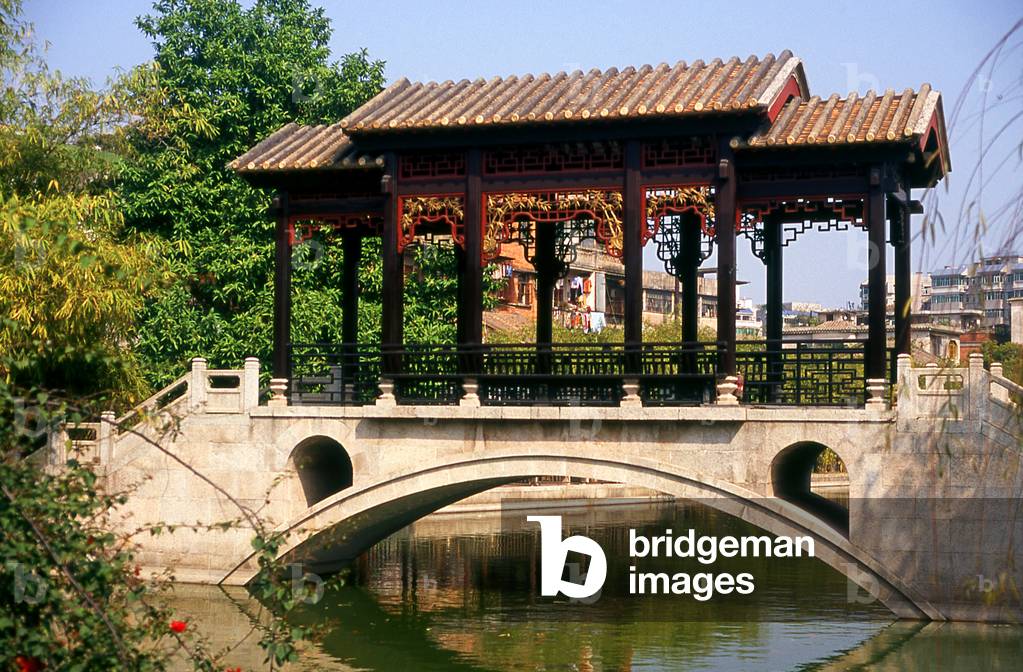 China: An ornate bridge in the Liang Yuan ornamental garden, Foshan, Guangdong Province