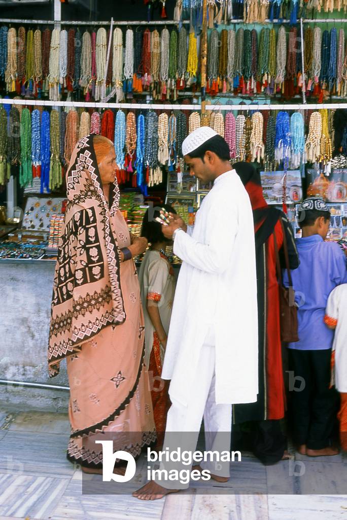 India: A bangle and bead shop next to the Dargah Sharif of Sufi saint Moinuddin Chishti, Ajmer, Rajasthan