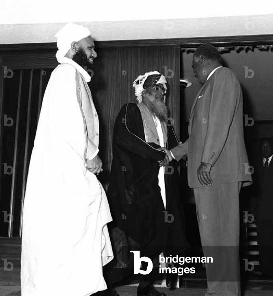 Oman: Imam Ghalib Ali Al Hina (left) and Shaykh Sulaiman ibn Hamir Nabhani, Prince of Jebel Akhdar, meet with Gamal Abdel Nasser in Alexandria, Egypt, 1959
