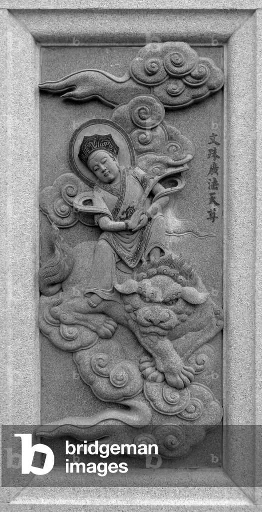 Malaysia / China: Carving of the 'superiorman' Wenshu Guangfa Tianzun, depicting his role in the 16th Century Ming Dynasty novel 'Fengshen Yanyi' ('Investiture of the Gods'). From Ping Sien Si Temple, Pasir Panjang Laut