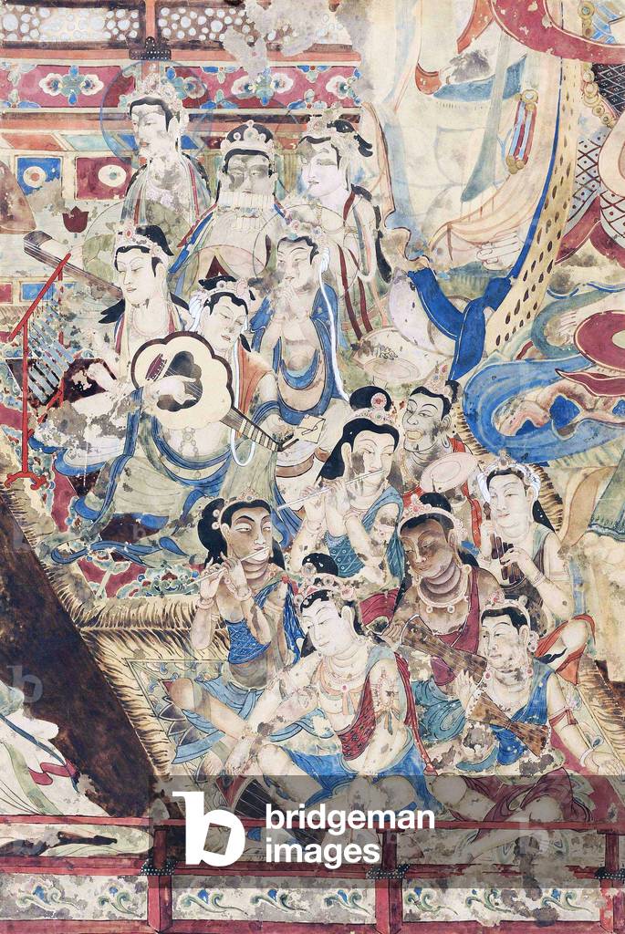 China: An orchestra playing. Fresco from Cave 220, Mogao Caves, Dunhuang, Gansu Province, c. 8th century CE