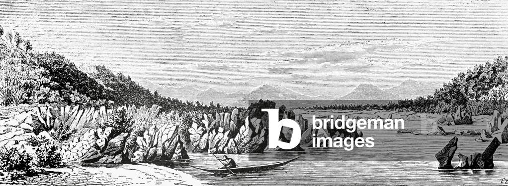 Laos: A rocky riverbank on the Mekong River in southern Laos, sketched by French expeditioner Louis Delaporte in 1867.