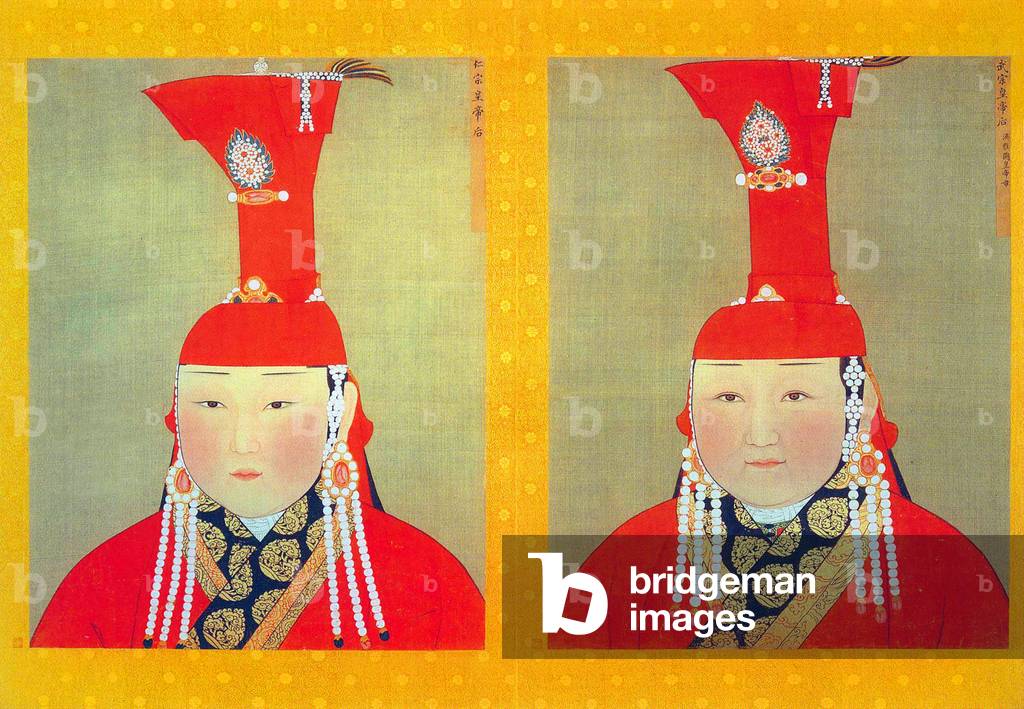 Mongolia / China: Jiyatu, wife of Qaishan (a.k.a. Wuzong) (right) and an unnamed wife of Ayurbarvada (a.k.a. Renzong) (left). Paint and ink on silk.