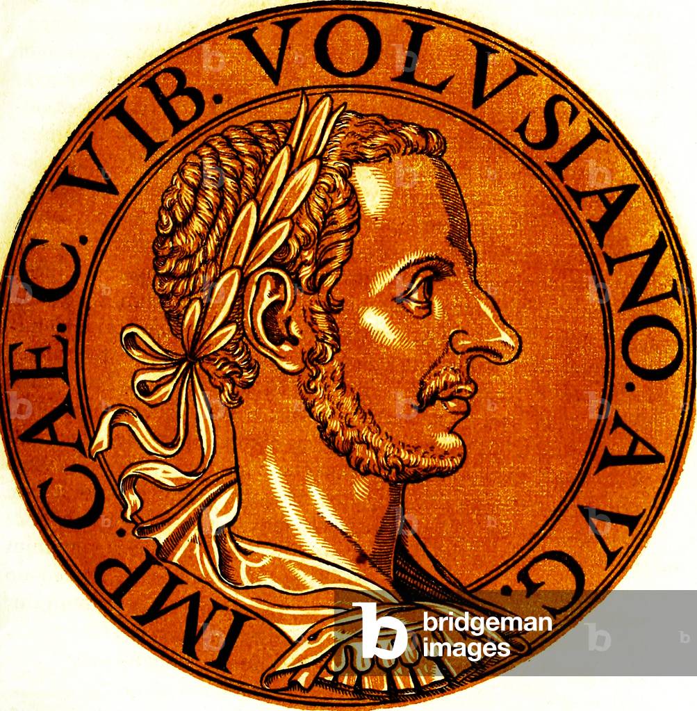 Italy: Icon of Volusianus (-253), 38th Roman emperor, Antwerp, c.1645 (print)