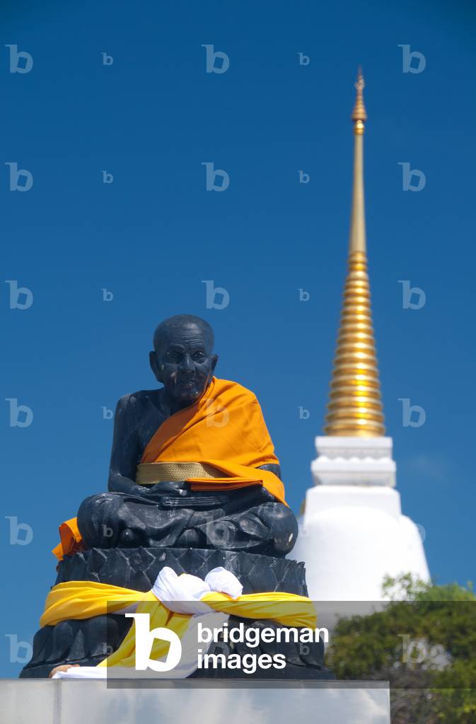 Thailand: Statue of old abbot, Phra Chedi Luang (temple on top of hill), Khao Tang Kuan (hill at north end of town), Songkhla, Songkhla Province