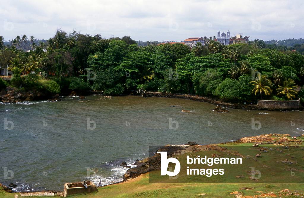 Sri Lanka: View from the Moon Bastion over Dharmapala Park towards St. Mary's Cathedral, Galle