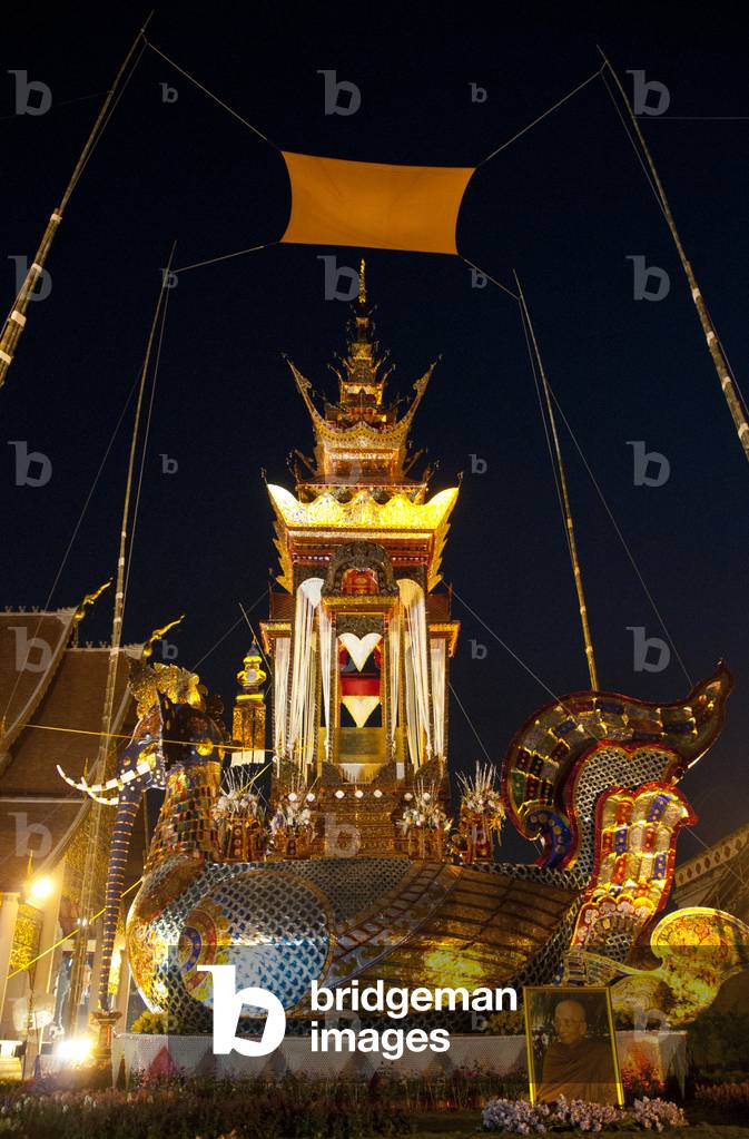 Thailand: The elaborate funeral bier for the late abbot at Wat Chedi Luang, Chiang Mai
