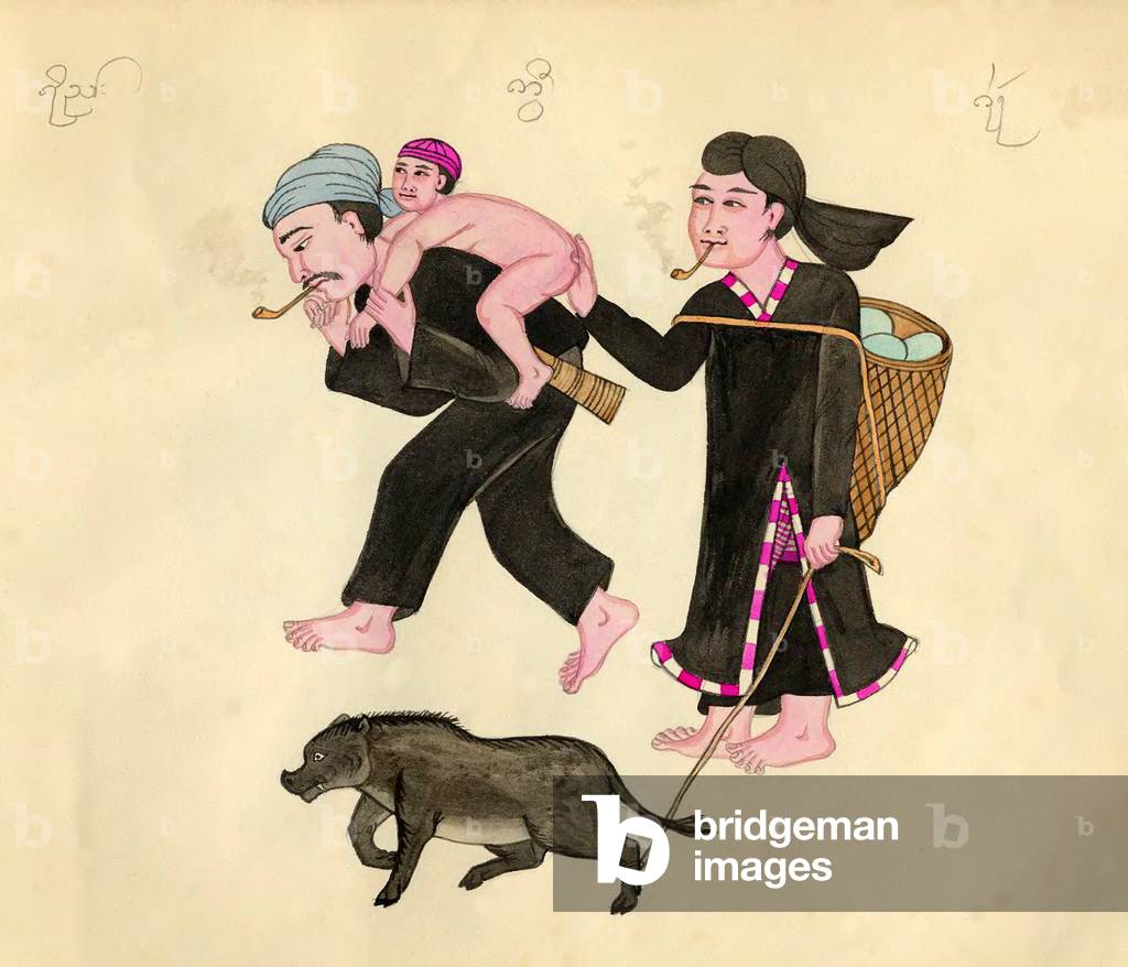 Burma / Myanmar: A Lahu family in traditional costume with pig on a leash. The Burmese and Shan captions identify them as 'Kwee'.
