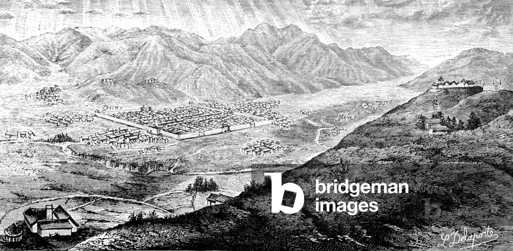 China: The city of Houey-li Tcheou in Yunnan Province, drawn by Louis Delaporte in January 1868.