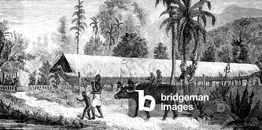 Laos/ Cambodia: A family with a water buffalo walk past a racing pirogue kept in a long shelter, illustrated by French expeditioner Louis Delaporte in either Cambodia or Laos, c. 1867.