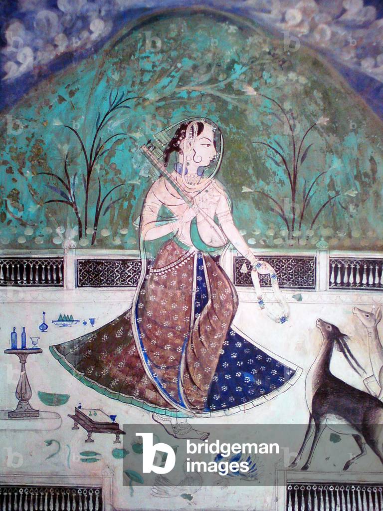 India: A mural of a woman pining for her absent lover, with only birds and animals to keep her company. Bundi, Rajasthan, 19th century