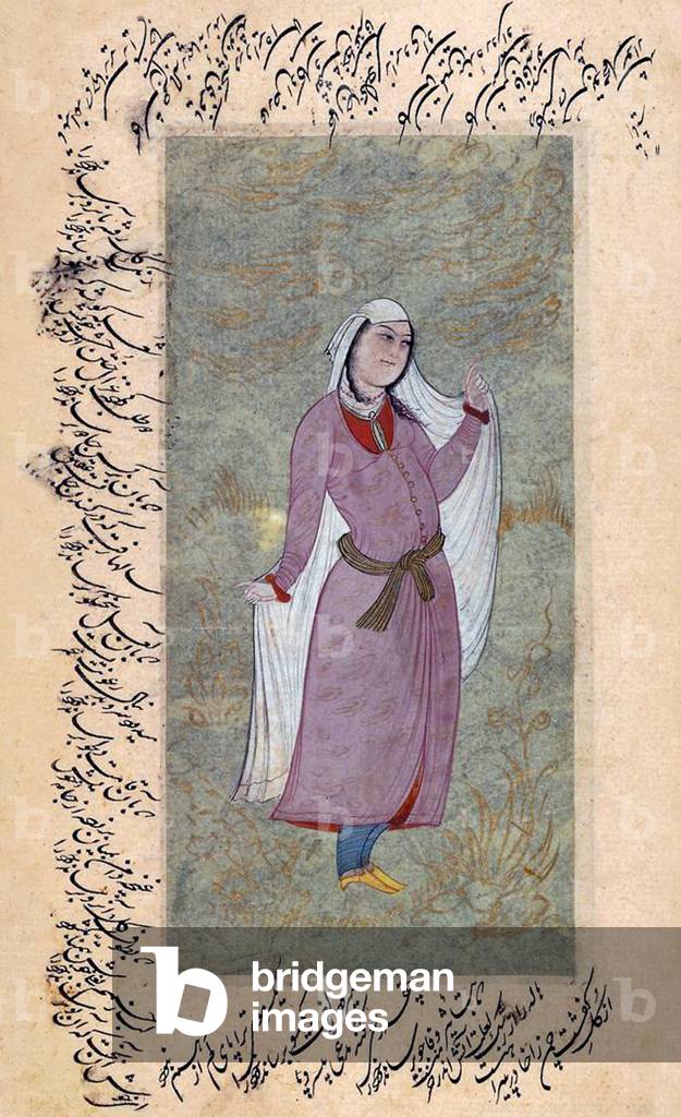Iran / Persia: Miniature painting of a young woman with a white shawl surrounded by verses from Hafez Shirazi, Reza Abbasi School, 17th century
