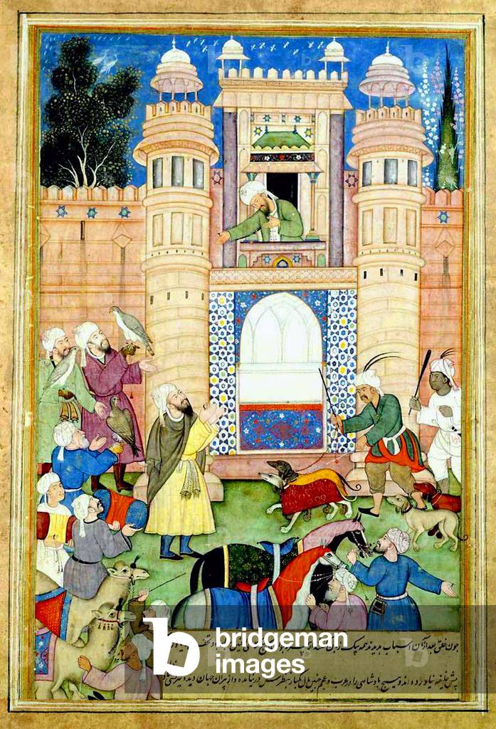 India: A nobleman offering gifts to the Caliph. Miniature painting from the Akbar i-Barmayakan, c. 1595-1600