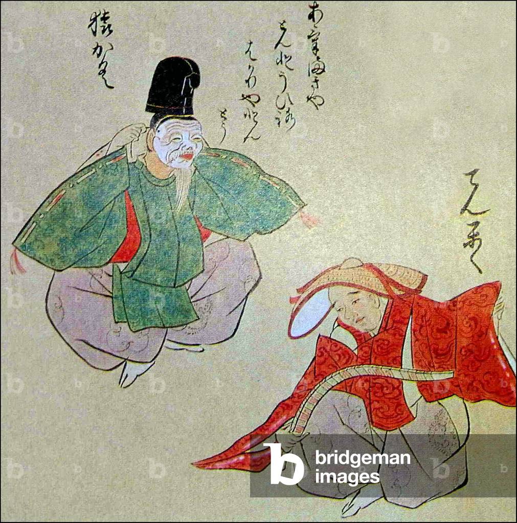 Japan: Sarugaku (left) and Dengaku (right) performers. Watercolour, c.18th century.