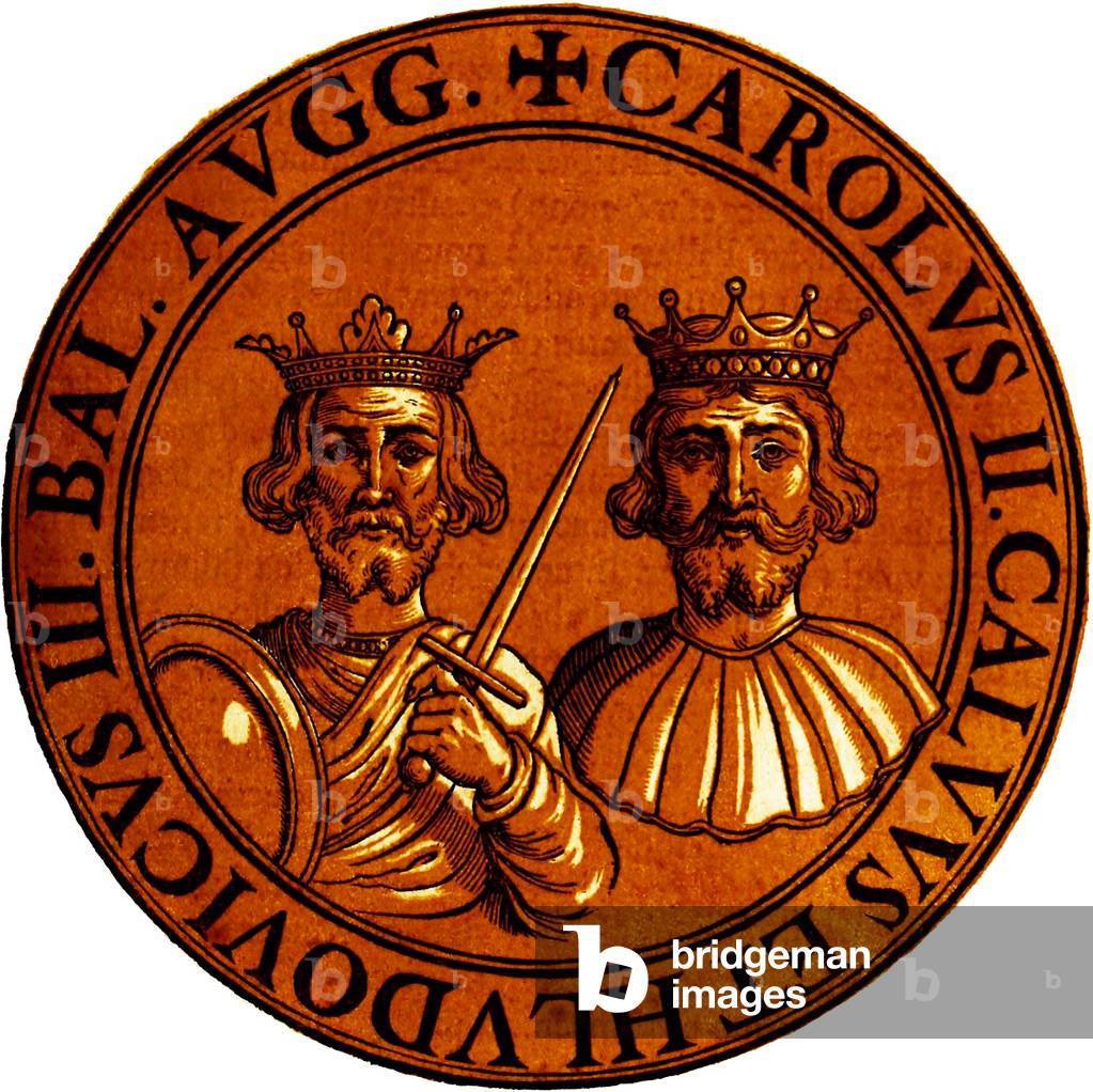 Germany / France: Charles II (823 - 877), 5th Holy Roman emperor, and his son Louis (846 - 879), King of West Francia, from the book 