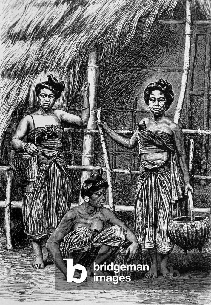 Thailand: Engraving of village girls near Chiang Mai, northern Thailand, c. 1900