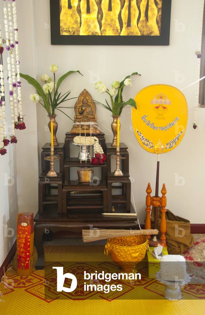 Thailand: Thai Buddhist ordination ceremony, Chiang Mai. A Buddhist house shrine