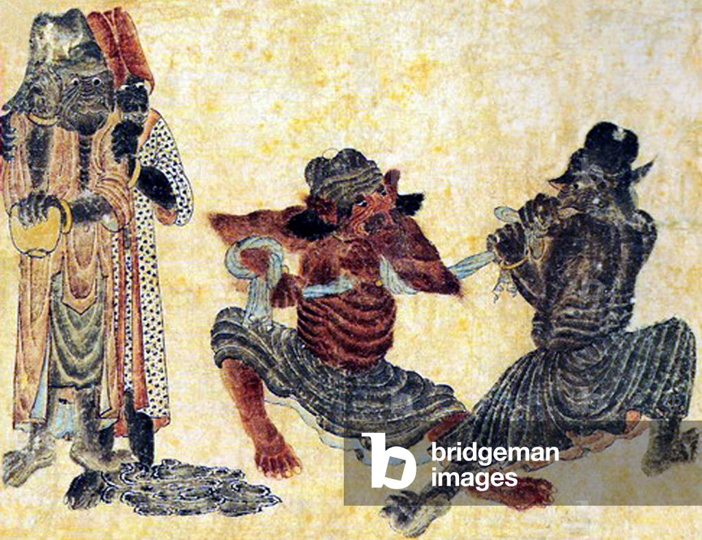 Central Asia: Siyah Kalem School, 15th century, Two demons wrestle over a piece of cloth while a third looks on