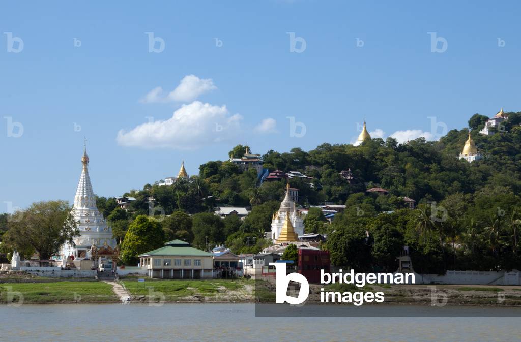 Burma / Myanmar: Pagodas at Sagaing seen from the Irrawaddy / Ayeyarwady River, near Mandalay