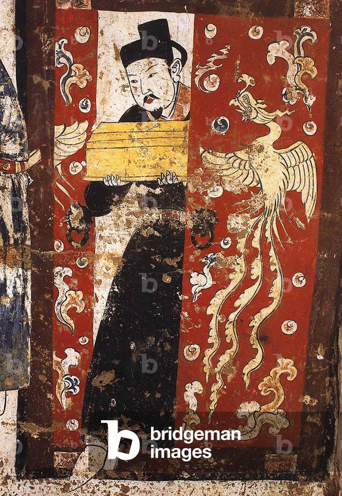 China: Man carrying a box with sutras through a phoenix-painted door in a mural in the tomb of Zhang Shiqing, Xuanhua, Hebei, Liao Dynasty (1093-1117).
