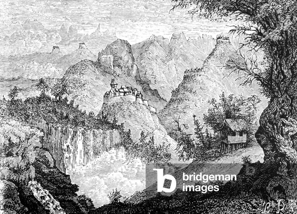 China: A French expedition come across a fortress on the road to Lao-oua-tan in Yunnan province, as sketched by Louis Delaporte in 1868.
