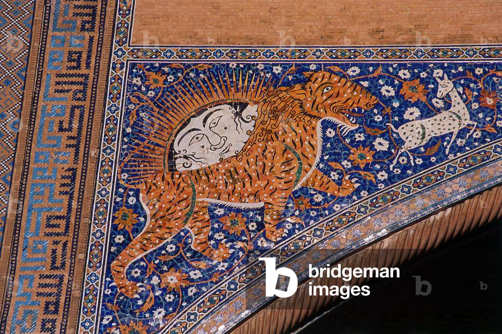 Uzbekistan: Portico detail at Sher Dor Madrassa, The Registan, Samarkand