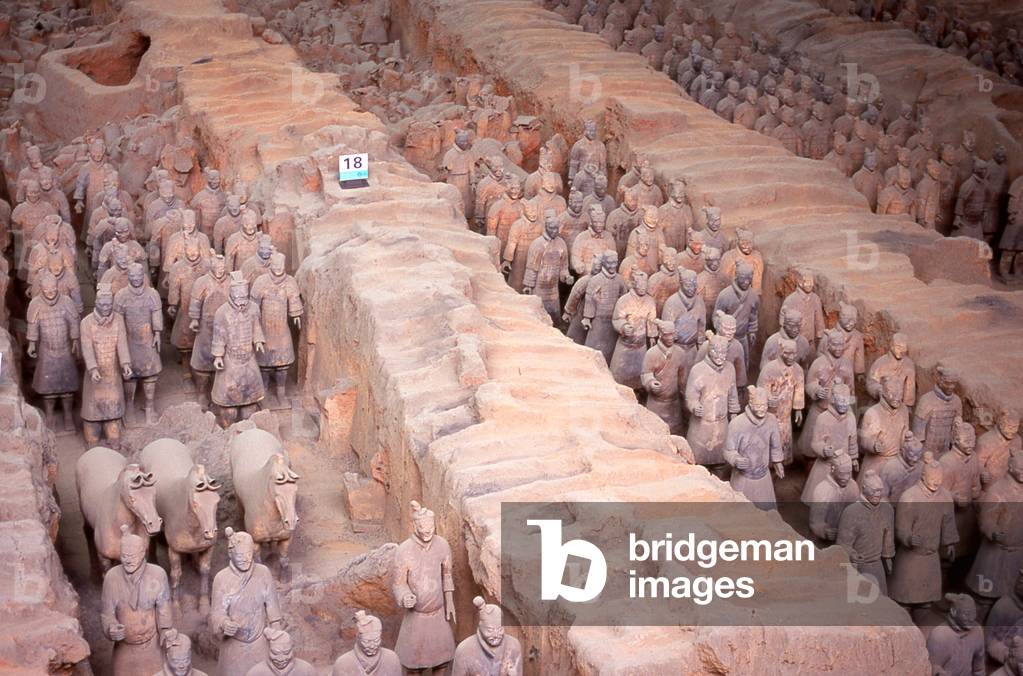 China: Warrior from the terracotta army guarding the tomb of Qin Shi Huang, first emperor of a unified China (r. 246-221 BCE), near Xi'an