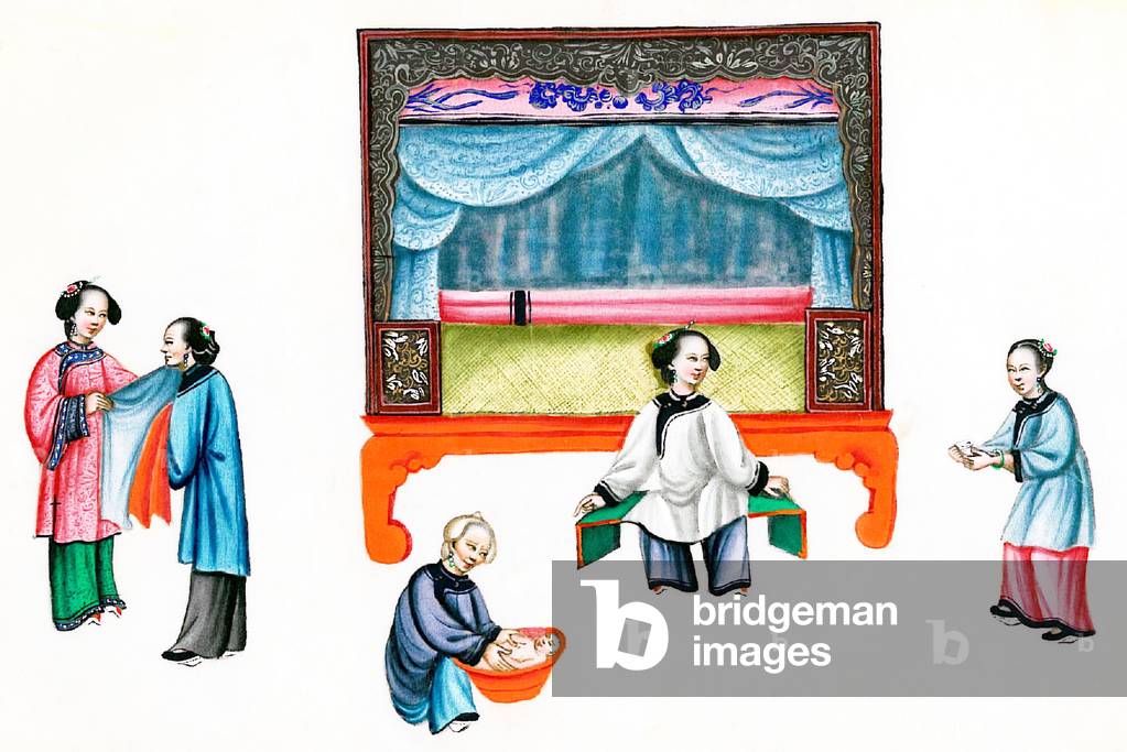 China: Domestic scene in a well-to-do household. Qing Dynasty watercolour painting by an anonymous artist, mid to late 19th century