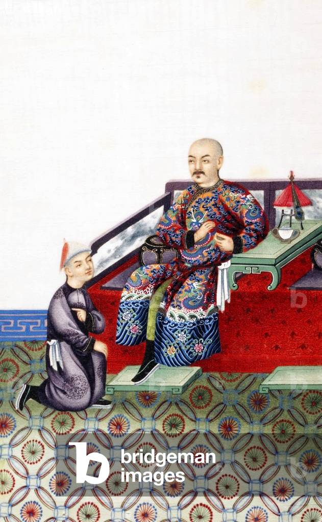 China: Hand-painted representation of master and servant in 19th century Qing Dynasty high society