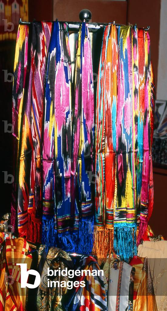 China: Silk scarves on sale at the Atlas Silk Workshop (Atlas Karakhana) in Jiya Village, about 13km northeast of Khotan, Xinjiang Province