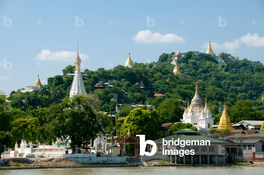 Burma / Myanmar: Pagodas at Sagaing seen from the Irrawaddy / Ayeyarwady River, near Mandalay