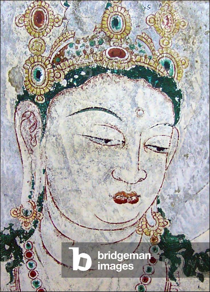 Japan: Lost Horyuji Temple fresco from a pre-1949 photograph: No.6 wall, Amitabha Buddha Paradise, left detail, Mahasthamaprapta face.