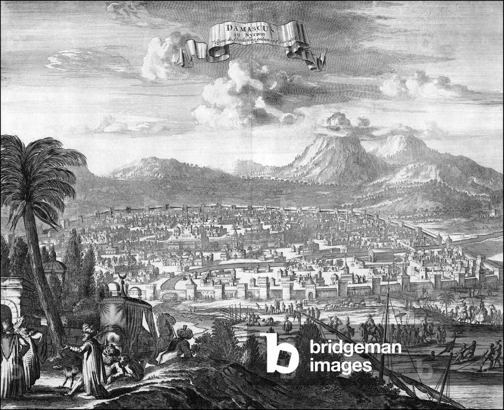 Syria: A notional depiction of Damascus by Olfert Dapper (1677)