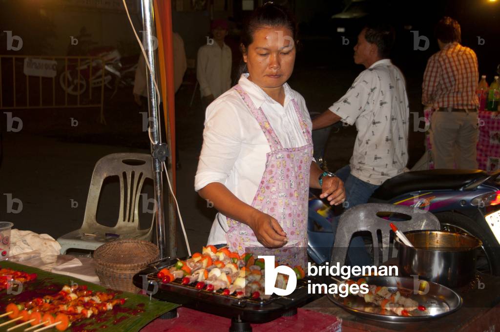 Thailand: Kebab vendor at the Sunday Market next to the railway station, Trang Town, Trang Province, southern Thailand