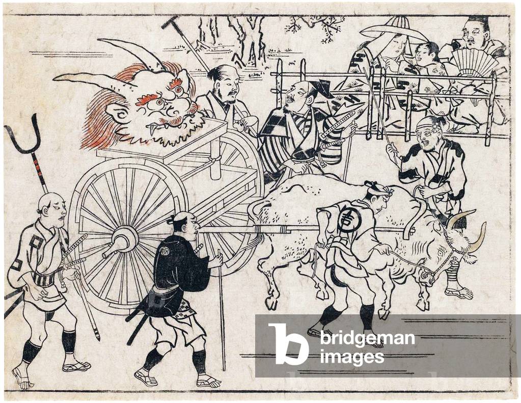 Japan: 'The Head of Shutendoji Paraded on an Ox-drawn Cart', woodblock print with hand colouring, Moronobu Hishikawa (1618-1694), c. 1680