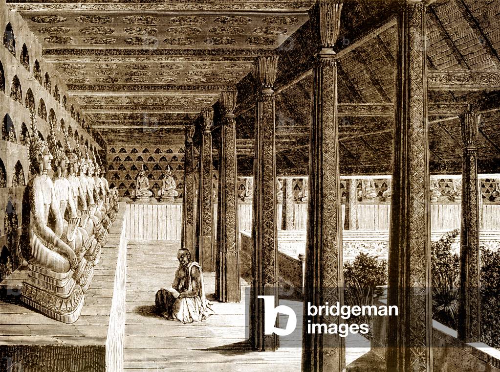 Laos: A Buddhist monk in prayer at Wat Si Saket in Vientiane, redrawn from an 1867 sketch by French expeditioner Louis Delaporte.